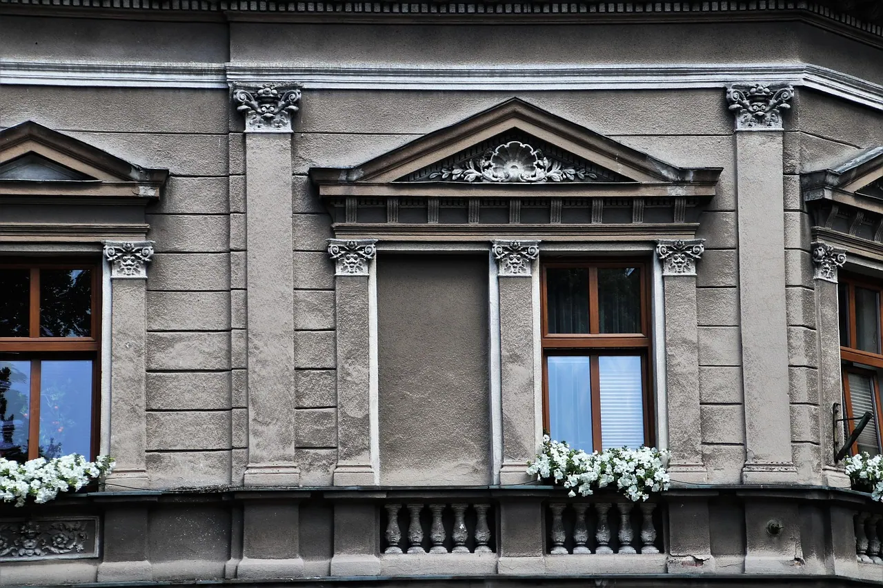 old tenement house, window, facade, plaster, architecture, building, walls, city, old, house, old plaster, old windows, monument, windowsill, the old town, ornaments, gray, nostalg