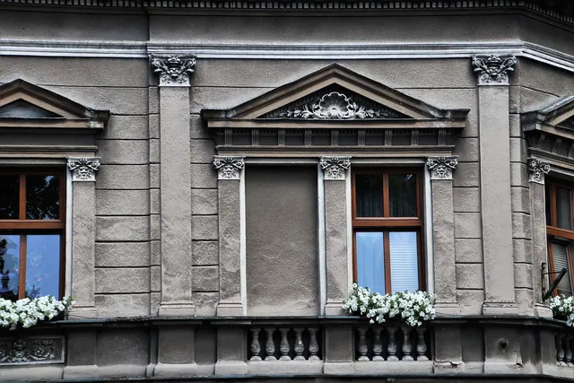 old tenement house, window, facade, plaster, architecture, building, walls, city, old, house, old plaster, old windows, monument, windowsill, the old town, ornaments, gray, nostalg