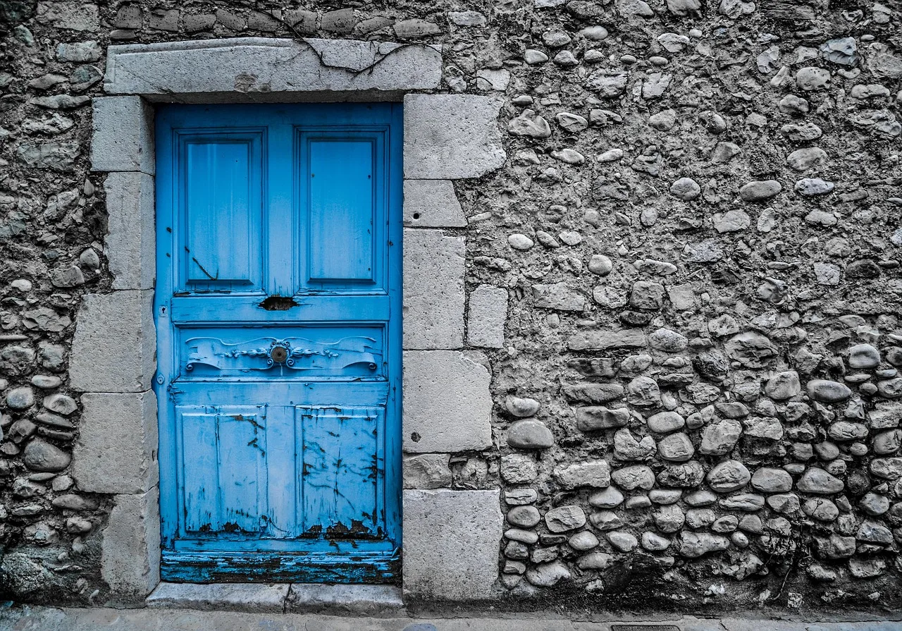 blue door, old, vintage, paint, street, architecture, house, building, wood, entrance, doorway, gray house, gray wood, gray building, gray street, gray painting, gray door, gray vintage, gray paint, gray old, blue door, blue door, vintage, doorway, doorway, doorway, doorway, doorway. How Sun, Salt and Freeze-Thaw Wear Period Paint Colors on a Historic Home
