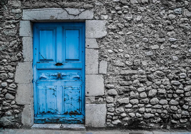 blue door, old, vintage, paint, street, architecture, house, building, wood, entrance, doorway, gray house, gray wood, gray building, gray street, gray painting, gray door, gray vintage, gray paint, gray old, blue door, blue door, vintage, doorway, doorway, doorway, doorway, doorway. How Sun, Salt and Freeze-Thaw Wear Period Paint Colors on a Historic Home