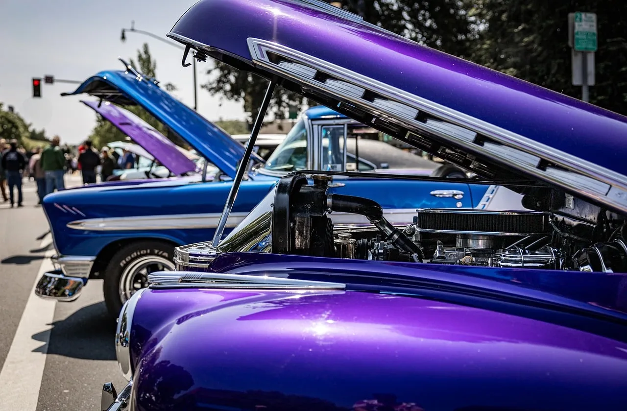 classic cars, vintage car show, purple car, blue car, chrome engine, open hood, automotive, restoration, retro cars, petaluma, street show, muscle car, american graffiti. What to Do When a Restoration Bid Comes In Higher Than Expected