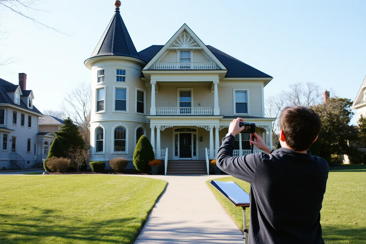 Person photographing the full front of a historic house from a fixed spot (A first-year checklist for restoring a historic home without regret)