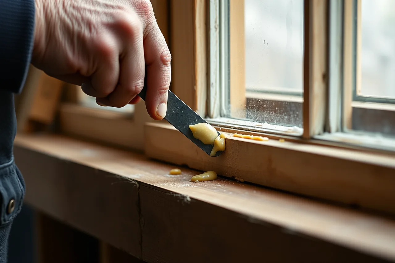 Hands applying fresh putty to a stripped wooden sash window (Wood window restoration timeline: where the weeks actually go)