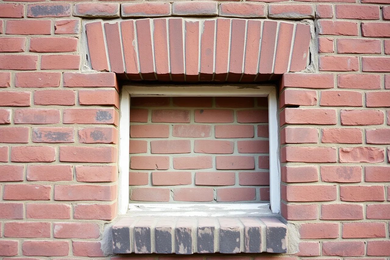 Blocked window opening with lintel and mismatched infill brickwork (The short version of former homes, 2027 edition)