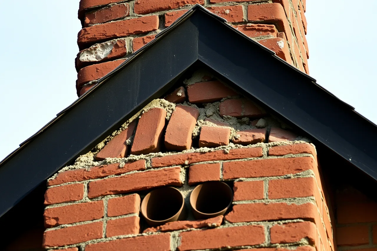 Weathered line and filled holes on a chimney from an earlier roof (The short version of former homes, 2027 edition)