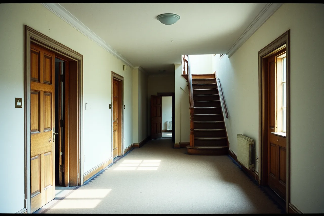 Corridor and fire doors cut through a former domestic room (The short version of former homes, 2027 edition)