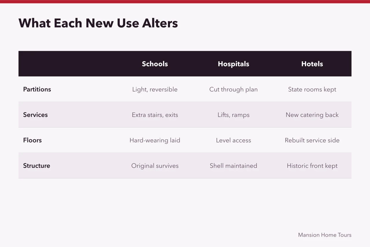 Comparison table of how schools, hospitals, hotels and apartments alter a former house (How do former homes fall out of use, and what takes their place?)