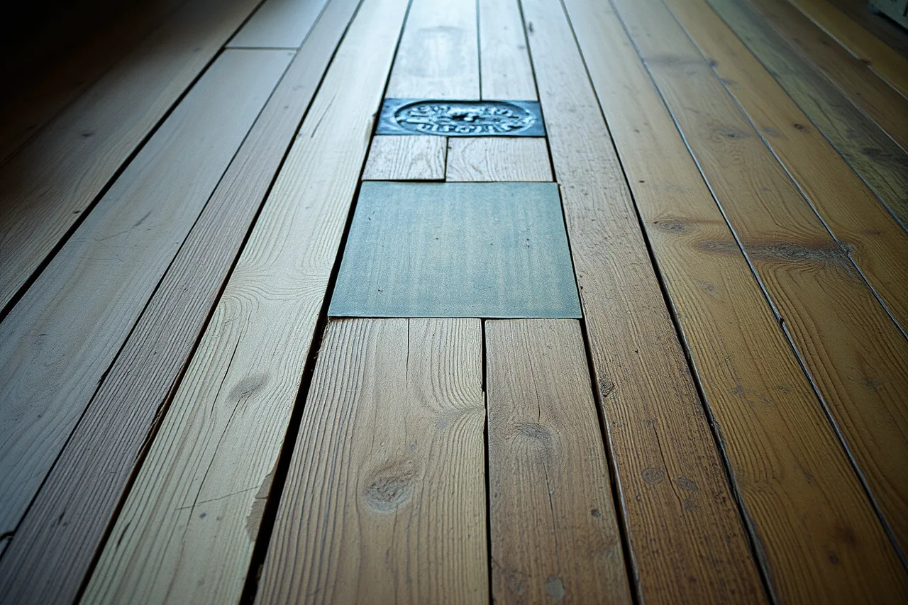 Old floorboards with width changes, patch and wear patterns (How to think about former homes interiors)