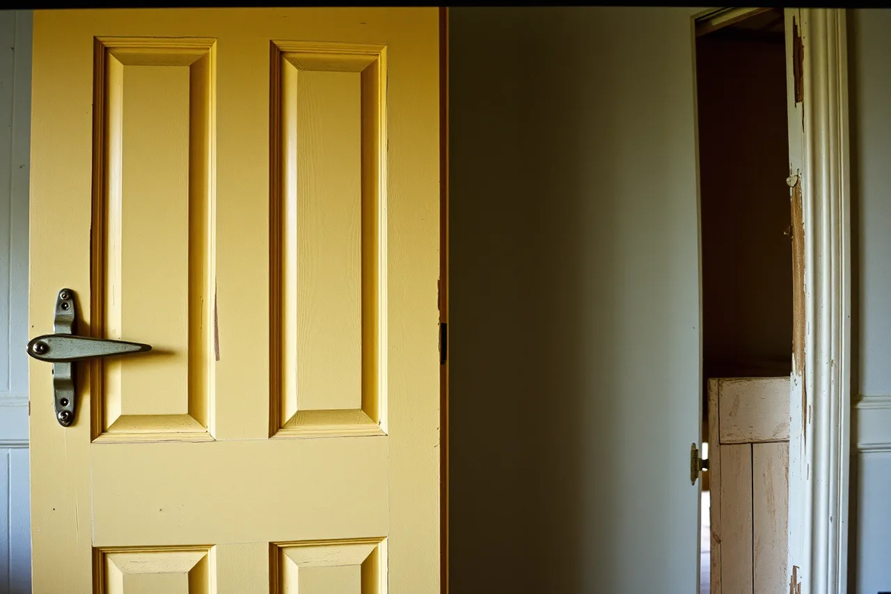 Mismatched old door leaf, frame and hardware in interior (How to think about former homes interiors)