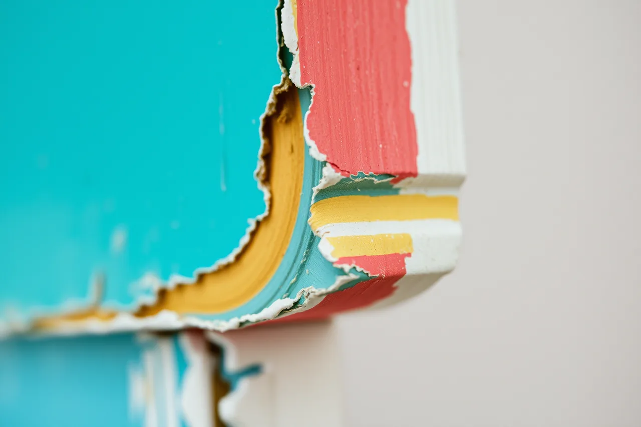 Chipped paint edge showing stacked layers of old paint (How to think about former homes interiors)
