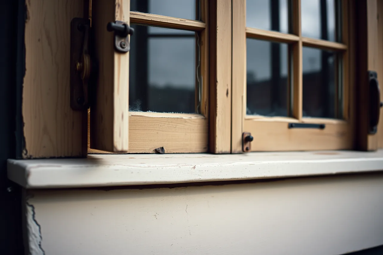 Rusted sash hardware and cracked paint on a coastal wood window (How Halifax salt air changes masonry and window care)