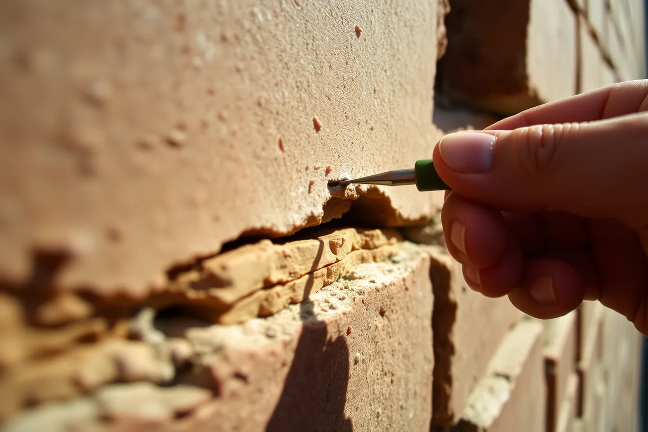 Eroded mortar joint in an old masonry wall beside sound joints (Historic home materials: a season-by-season maintenance routine)