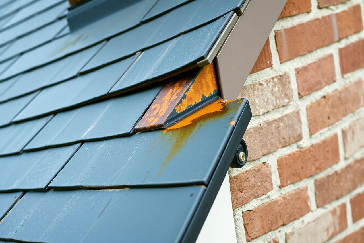 Rusted step flashing where a roof meets a brick wall (4 lessons worth learning about historic home restoration)