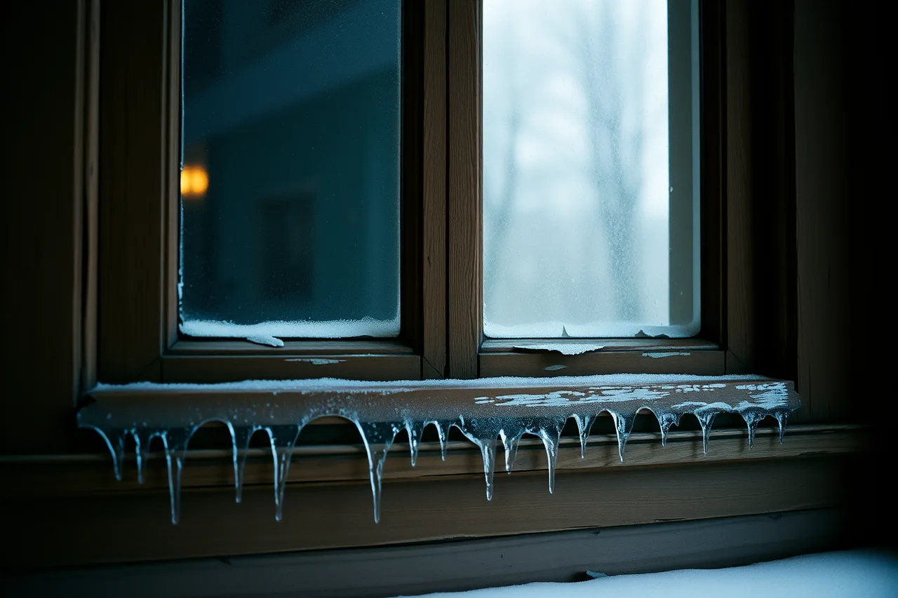 Water droplets and frost on a single-glazed wood window sash (Why climate changes the right period interior choices by region?)