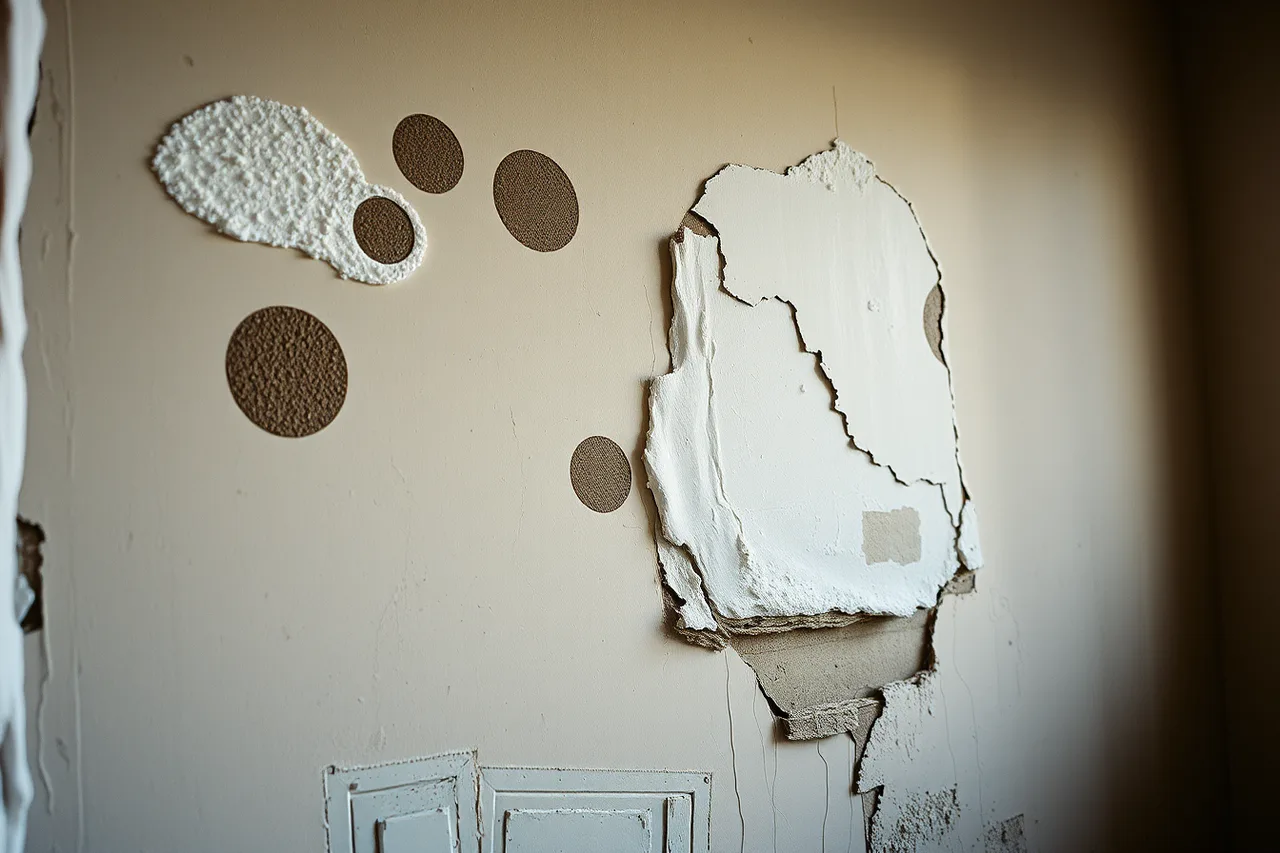 Damp plaster wall with salt bloom and detached, bulging plaster in a cold-climate masonry building (Plaster fixes shift with freeze-thaw winters, humid summers and floods)