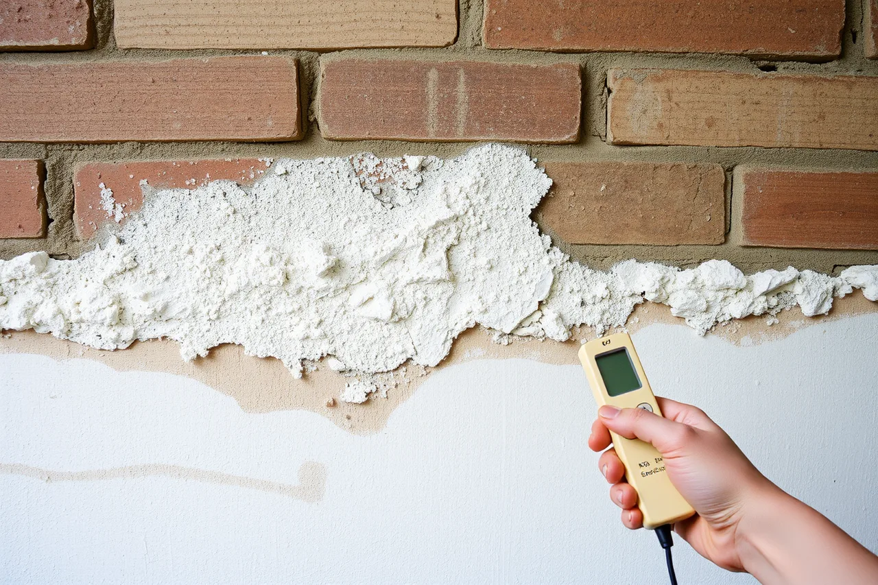 White efflorescence and crumbling plaster on a masonry wall (Plaster repair in century homes, what Ontario and Quebec crews see)