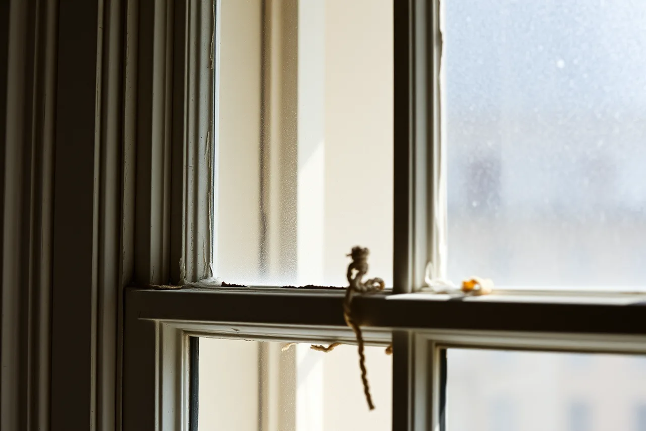 Painted-shut sash window with cracked putty and broken cord (Why do homeowners regret replacing sash that could have been repaired?)