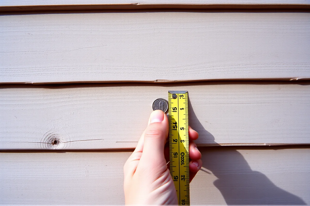 Tape measure held against weathered clapboard siding showing paint layers and nail (Identifying and judging historic home materials: a field guide)