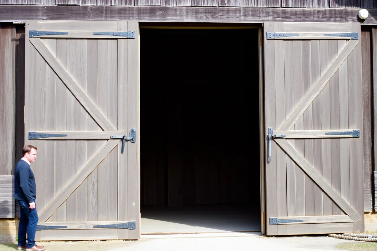 Large wooden carriage house door with original hardware, one side open (Which historic material choices actually pay off in daily life?)